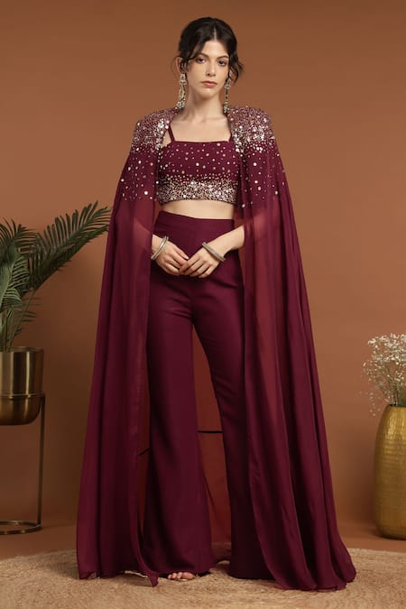 RIRASA Long Sequin Embroidered Cape Pant Set 