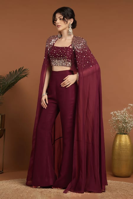 Rirasa_Wine Crepe, Organza Sequins Square Neck Long Embroidered Cape Pant Set_Online_at_Aza_Fashions