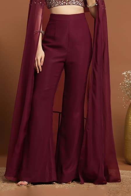 Shop_Rirasa_Wine Crepe, Organza Sequins Square Neck Long Embroidered Cape Pant Set_Online_at_Aza_Fashions