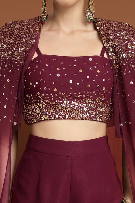 Buy_Rirasa_Wine Crepe, Organza Sequins Square Neck Long Embroidered Cape Pant Set