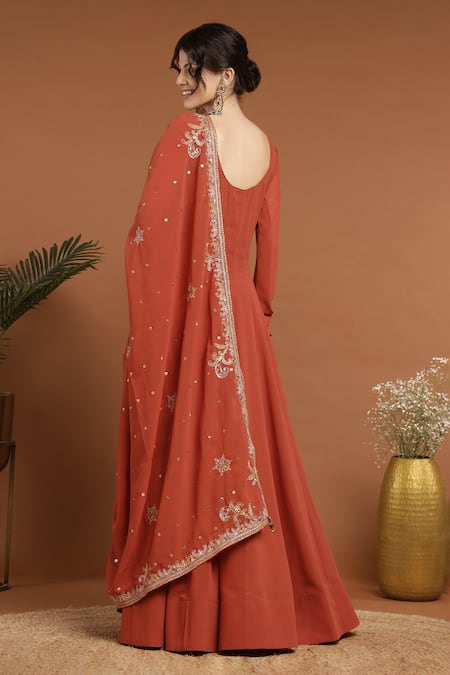 Shop_Rirasa_Orange Georgette Ghungroo Embellished Tie Up Kalidar Anarkali With Dupatta _at_Aza_Fashions