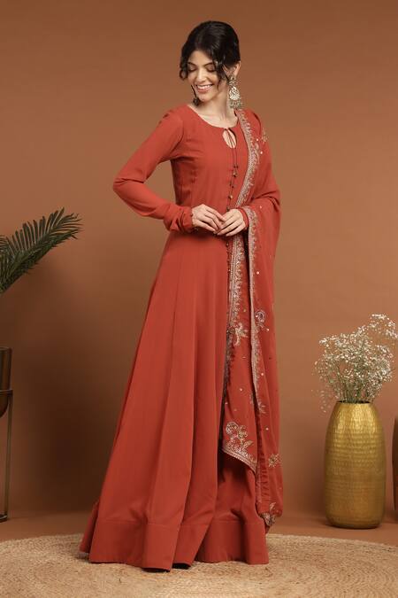 Shop_Rirasa_Orange Georgette Ghungroo Embellished Tie Up Kalidar Anarkali With Dupatta _Online_at_Aza_Fashions