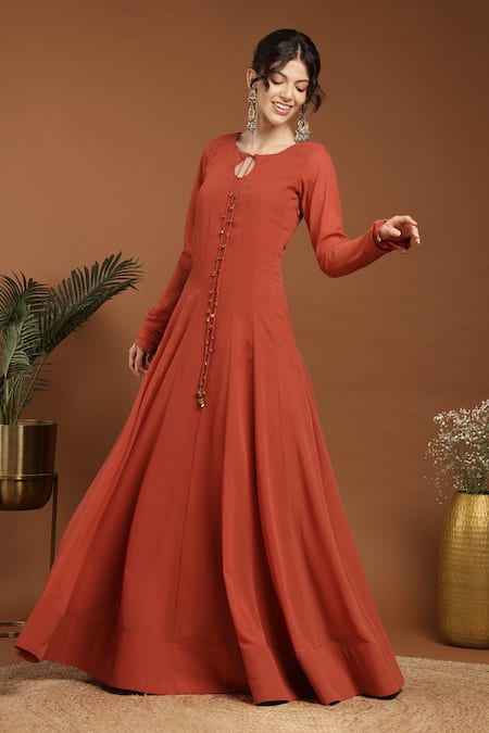 Rirasa_Orange Georgette Ghungroo Embellished Tie Up Kalidar Anarkali With Dupatta _at_Aza_Fashions