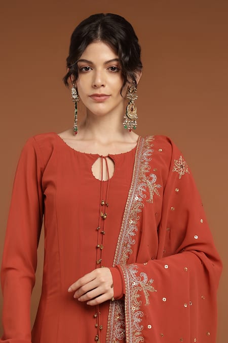 Buy_Rirasa_Orange Georgette Ghungroo Embellished Tie Up Kalidar Anarkali With Dupatta 