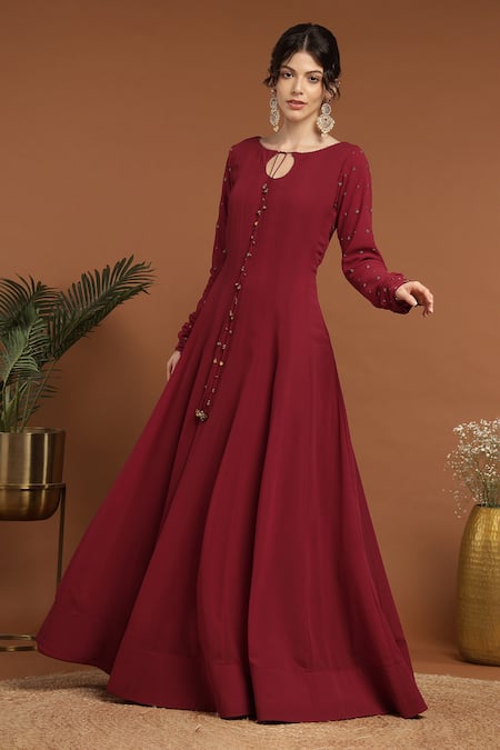 Buy Rirasa Maroon Georgette Embroidery, Ghungroo Embellished Tie Up Anarkali With Dupatta Online at Aza Fashions Buy_Rirasa_Maroon Georgette Embroidery, Ghungroo Embellished Tie Up Anarkali With Dupatta _Online_at_Aza_Fashions