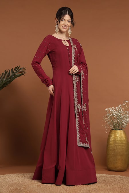 Shop Rirasa Maroon Georgette Embroidery, Ghungroo Embellished Tie Up Anarkali With Dupatta Online at Aza Fashions Shop_Rirasa_Maroon Georgette Embroidery, Ghungroo Embellished Tie Up Anarkali With Dupatta _Online_at_Aza_Fashions