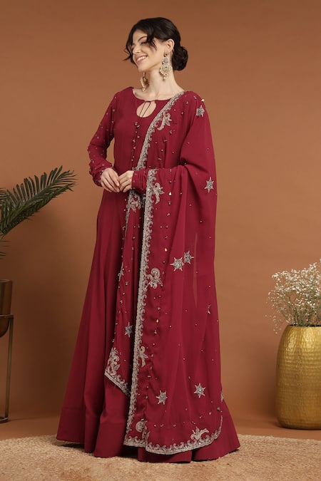 Rirasa Maroon Georgette Embroidery, Ghungroo Embellished Tie Up Anarkali With Dupatta at Aza Fashions Rirasa_Maroon Georgette Embroidery, Ghungroo Embellished Tie Up Anarkali With Dupatta _at_Aza_Fashions