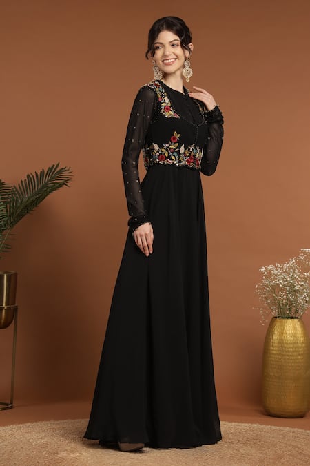 Buy_Rirasa_Black Georgette Embroidery, Sequins Floral Thread Jacket With Work Anarkali _Online_at_Aza_Fashions