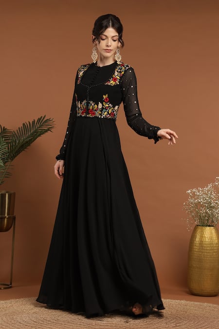Shop_Rirasa_Black Georgette Embroidery, Sequins Floral Thread Jacket With Work Anarkali _Online_at_Aza_Fashions