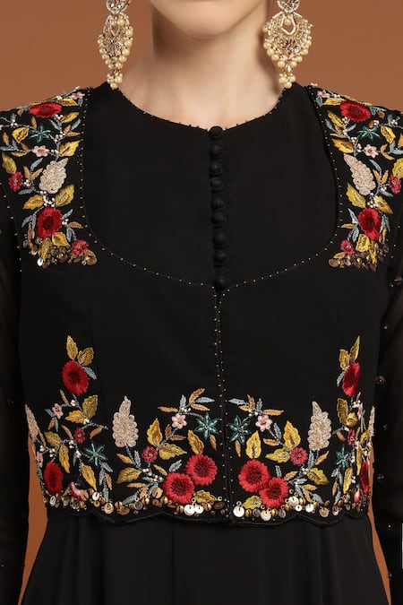 Rirasa_Black Georgette Embroidery, Sequins Floral Thread Jacket With Work Anarkali _at_Aza_Fashions