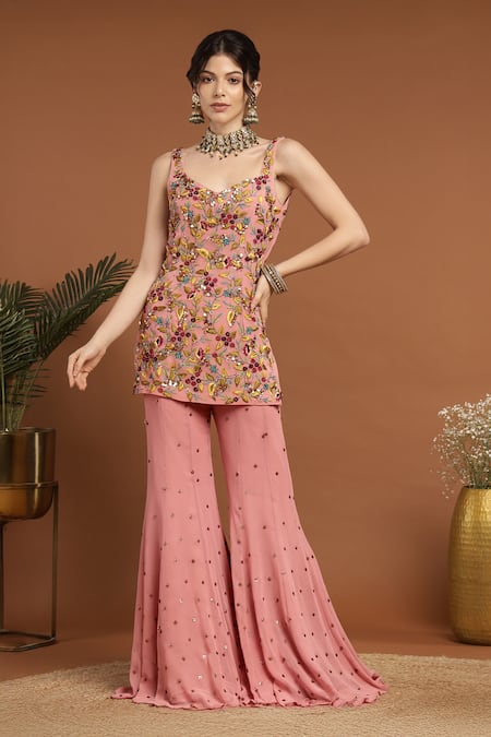 Buy_Rirasa_Pink Georgette, Organza Sequins, Embroidery Sweetheart Gul Kurta And Sharara Set _Online_at_Aza_Fashions
