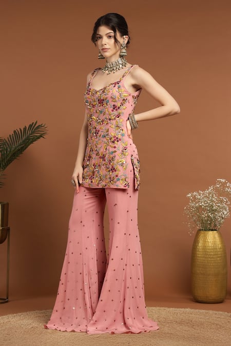 Shop_Rirasa_Pink Georgette, Organza Sequins, Embroidery Sweetheart Gul Kurta And Sharara Set _Online_at_Aza_Fashions