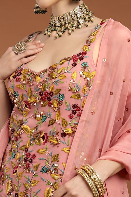 Rirasa_Pink Georgette, Organza Sequins, Embroidery Sweetheart Gul Kurta And Sharara Set _at_Aza_Fashions
