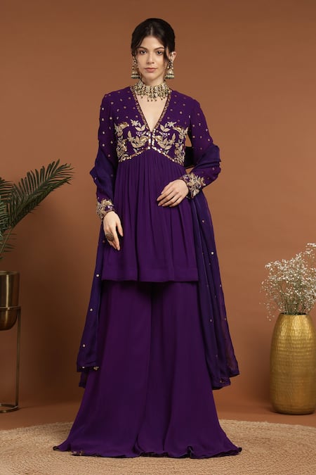 Shop_Rirasa_Purple Georgette, Organza Embroidery, Mirrors, Gulshan Kurta Sharara Set _Online_at_Aza_Fashions