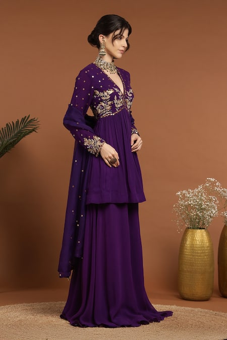 Rirasa_Purple Georgette, Organza Embroidery, Mirrors, Gulshan Kurta Sharara Set _at_Aza_Fashions
