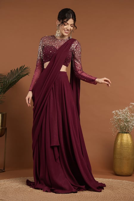 Rirasa_Wine Lurex, Crepe Celeste Embroidered Blouse With Pre-draped Lehenga Saree_Online_at_Aza_Fashions