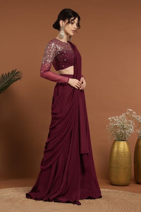 Buy_Rirasa_Wine Lurex, Crepe Celeste Embroidered Blouse With Pre-draped Lehenga Saree_Online_at_Aza_Fashions