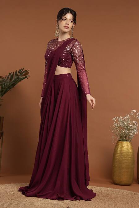 Shop_Rirasa_Wine Lurex, Crepe Celeste Embroidered Blouse With Pre-draped Lehenga Saree_Online_at_Aza_Fashions