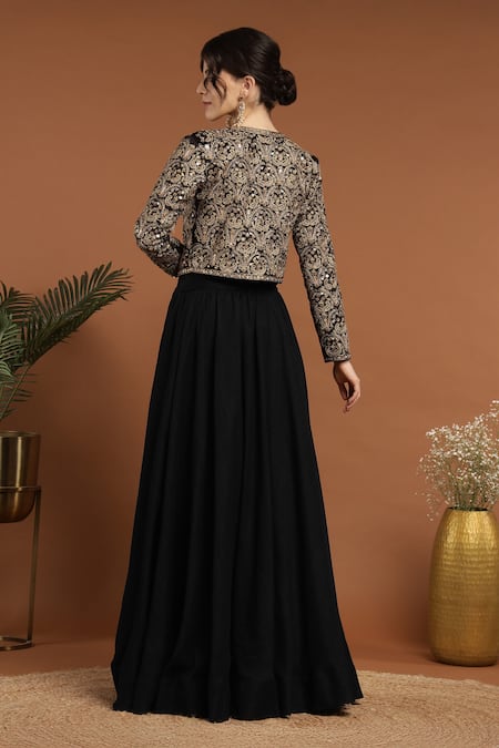 Shop Rirasa Black Silk, Satin Sequins, Embroidery Open Paisley Bloom Jacket And Lehenga Set at Aza Fashions Shop_Rirasa_Black Silk, Satin Sequins, Embroidery Open Paisley Bloom Jacket And Lehenga Set _at_Aza_Fashions