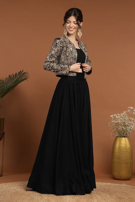 Shop Rirasa Black Silk, Satin Sequins, Embroidery Open Paisley Bloom Jacket And Lehenga Set Online at Aza Fashions Shop_Rirasa_Black Silk, Satin Sequins, Embroidery Open Paisley Bloom Jacket And Lehenga Set _Online_at_Aza_Fashions