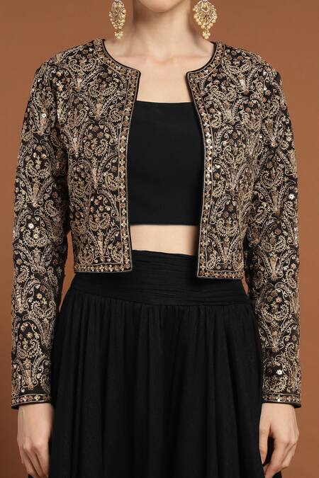 Rirasa Black Silk, Satin Sequins, Embroidery Open Paisley Bloom Jacket And Lehenga Set at Aza Fashions Rirasa_Black Silk, Satin Sequins, Embroidery Open Paisley Bloom Jacket And Lehenga Set _at_Aza_Fashions