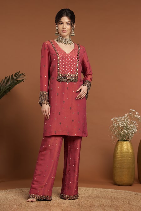 RIRASA Orange Tissue Embroidery Ghungroo V Neck And Sequin Embellished Kurta With Pant 