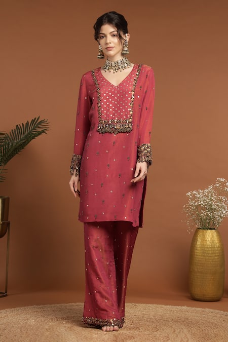 Rirasa Orange Tissue Sequins, Beads, Gota Patti Ghungroo And Embellished Kurta With Pant Online at Aza Fashions Rirasa_Orange Tissue Sequins, Beads, Gota Patti Ghungroo And Embellished Kurta With Pant _Online_at_Aza_Fashions