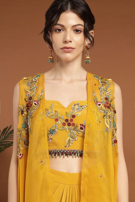 Rirasa_Yellow Organza, Crepe Sequins, Beads, Ambrosia Cape And Draped Skirt Set _Online_at_Aza_Fashions