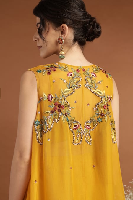 Buy_Rirasa_Yellow Organza, Crepe Sequins, Beads, Ambrosia Cape And Draped Skirt Set _Online_at_Aza_Fashions