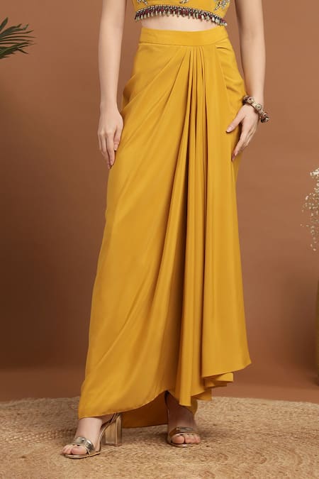 Shop_Rirasa_Yellow Organza, Crepe Sequins, Beads, Ambrosia Cape And Draped Skirt Set _Online_at_Aza_Fashions