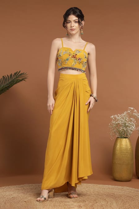 Rirasa_Yellow Organza, Crepe Sequins, Beads, Ambrosia Cape And Draped Skirt Set _at_Aza_Fashions