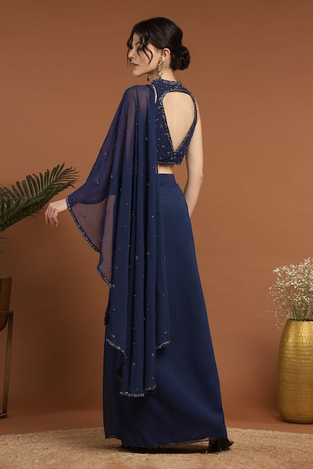 Shop_Rirasa_Blue Georgette, Net Beads Halter Florin Embroidered Pre-draped Saree With Blouse _at_Aza_Fashions