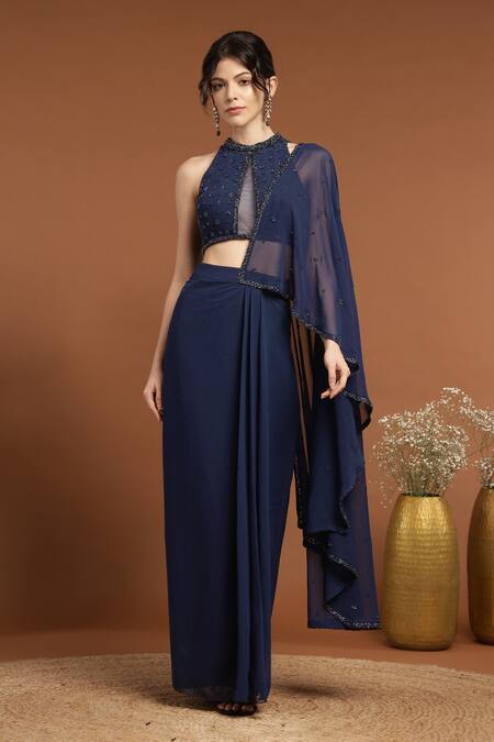 Rirasa_Blue Georgette, Net Beads Halter Florin Embroidered Pre-draped Saree With Blouse _Online_at_Aza_Fashions