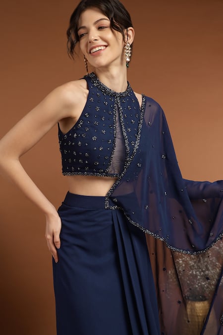 Buy_Rirasa_Blue Georgette, Net Beads Halter Florin Embroidered Pre-draped Saree With Blouse _Online_at_Aza_Fashions