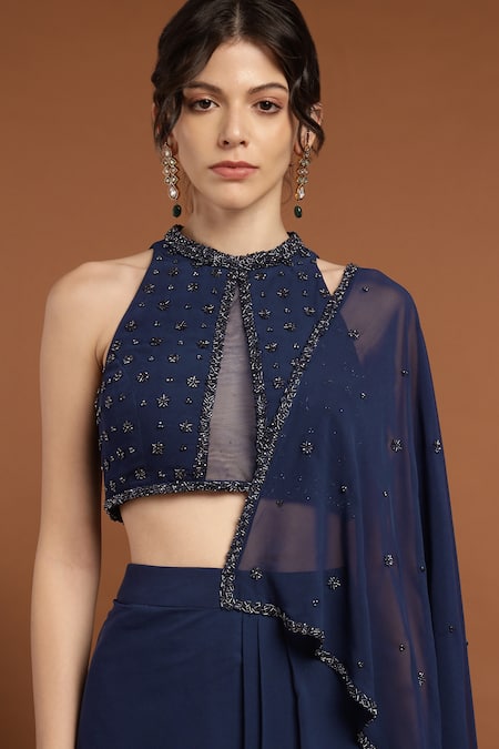 Shop_Rirasa_Blue Georgette, Net Beads Halter Florin Embroidered Pre-draped Saree With Blouse _Online_at_Aza_Fashions