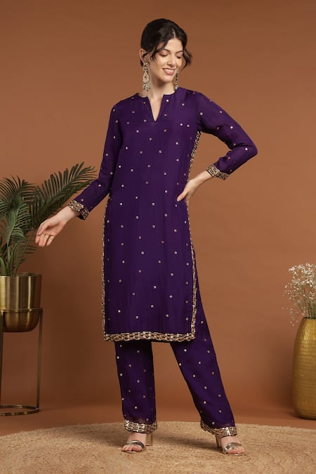 Shop_Rirasa_Purple Organza Sequins, Beads Split Spluttered And Embellished Kurta Pant Set _Online_at_Aza_Fashions