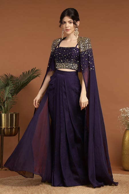 RIRASA Galactic Bead & Sequin Embroidered Cape & Draped Skirt Set 