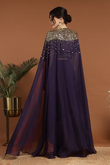 Rirasa Galactic Bead & Sequin Embroidered Cape & Draped Skirt Set 