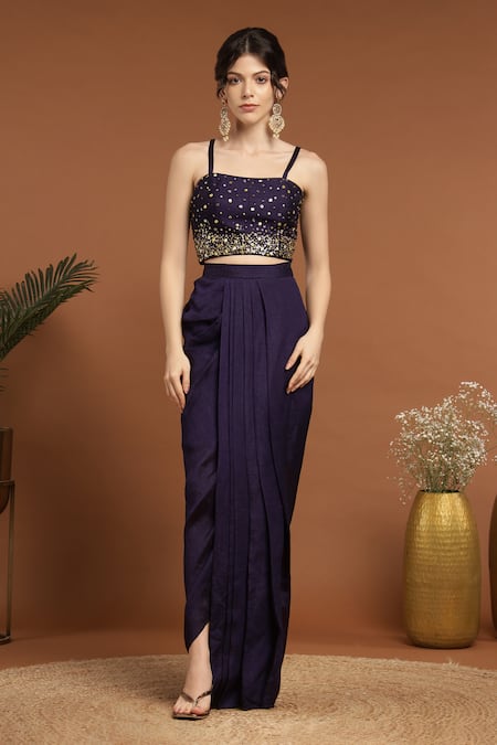 Shop_Rirasa_Purple Silk, Organza Sequins, Galactic And Embroidered Cape & Draped Skirt Set _Online_at_Aza_Fashions