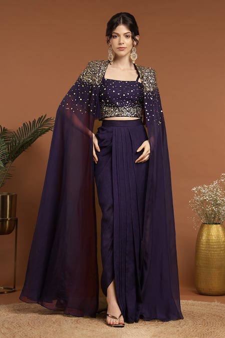 Rirasa_Purple Silk, Organza Sequins, Galactic And Embroidered Cape & Draped Skirt Set _at_Aza_Fashions