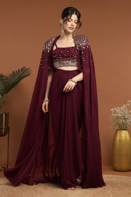 RIRASA Celeste Bead & Sequin Embroidered Cape & Draped Skirt Set 