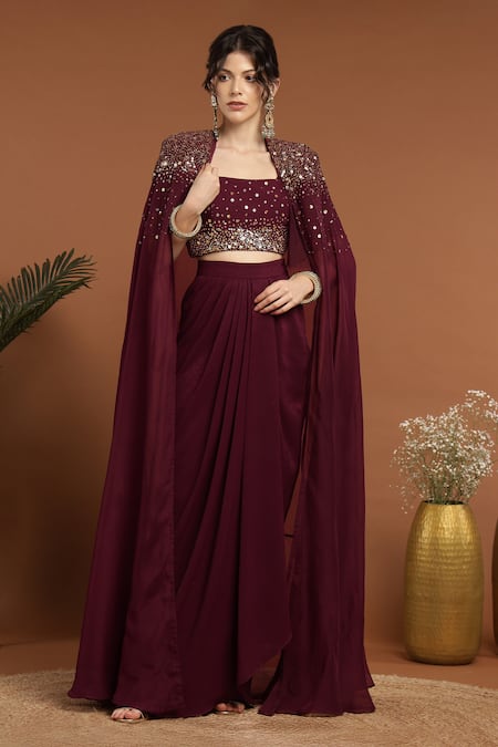 Rirasa_Maroon Silk, Organza Sequins, Celeste And Embroidered Cape & Draped Skirt Set_Online_at_Aza_Fashions