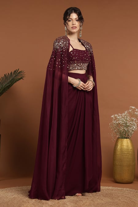 Buy_Rirasa_Maroon Silk, Organza Sequins, Celeste And Embroidered Cape & Draped Skirt Set_Online_at_Aza_Fashions