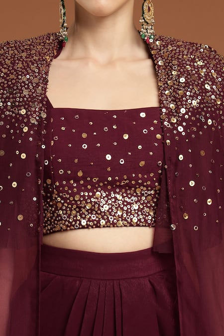Buy_Rirasa_Maroon Silk, Organza Sequins, Celeste And Embroidered Cape & Draped Skirt Set