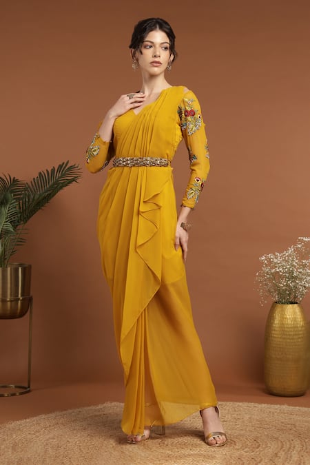 RIRASA Bloom Embroidered Draped Dress With Belt 