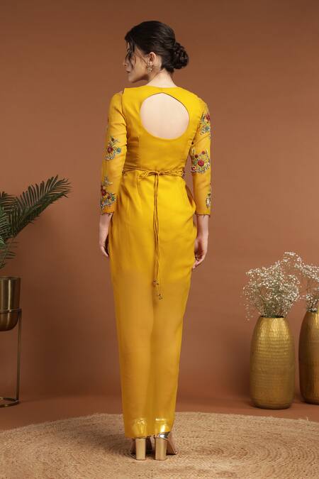 Shop Rirasa Yellow Georgette Beads, Sequins, Embroidery V-neck Bloom Draped Dress With Belt at Aza Fashions Shop_Rirasa_Yellow Georgette Beads, Sequins, Embroidery V-neck Bloom Draped Dress With Belt_at_Aza_Fashions