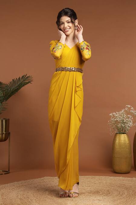 Rirasa Yellow Georgette Beads, Sequins, Embroidery V-neck Bloom Draped Dress With Belt Online at Aza Fashions Rirasa_Yellow Georgette Beads, Sequins, Embroidery V-neck Bloom Draped Dress With Belt_Online_at_Aza_Fashions