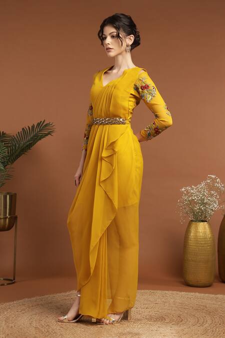 Buy Rirasa Yellow Georgette Beads, Sequins, Embroidery V-neck Bloom Draped Dress With Belt Online at Aza Fashions Buy_Rirasa_Yellow Georgette Beads, Sequins, Embroidery V-neck Bloom Draped Dress With Belt_Online_at_Aza_Fashions