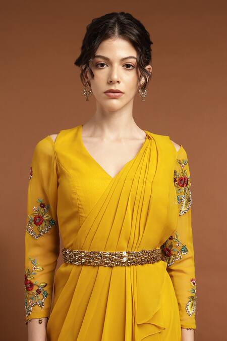 Shop Rirasa Yellow Georgette Beads, Sequins, Embroidery V-neck Bloom Draped Dress With Belt Online at Aza Fashions Shop_Rirasa_Yellow Georgette Beads, Sequins, Embroidery V-neck Bloom Draped Dress With Belt_Online_at_Aza_Fashions