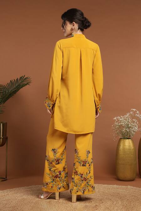 Shop Rirasa Yellow Crepe Sequins, Beads Open Neck Florence Embroidered Tie Up Shirt at Aza Fashions Shop_Rirasa_Yellow Crepe Sequins, Beads Open Neck Florence Embroidered Tie Up Shirt_at_Aza_Fashions